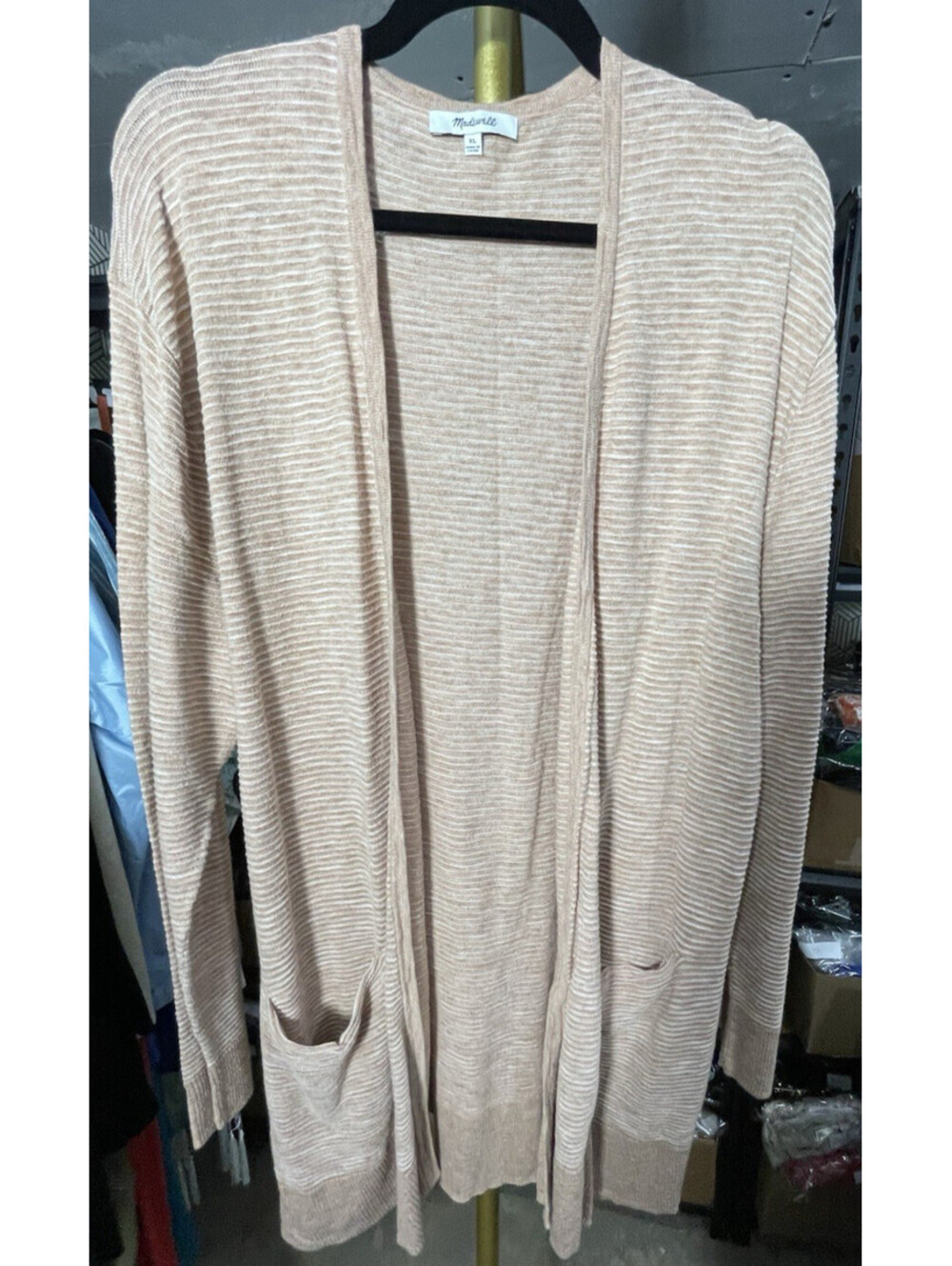Madewell Knit Pinkish/Tan Striped Duster Long Open Cardigan Women's Size XL